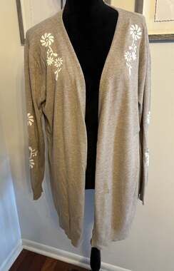 Aaeda Cardigan Beige W/White Embroidery Floral Soft Cozy Open Front Sweater XL